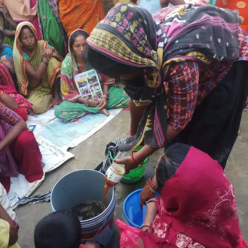 A woman is pouring something into a bucket.